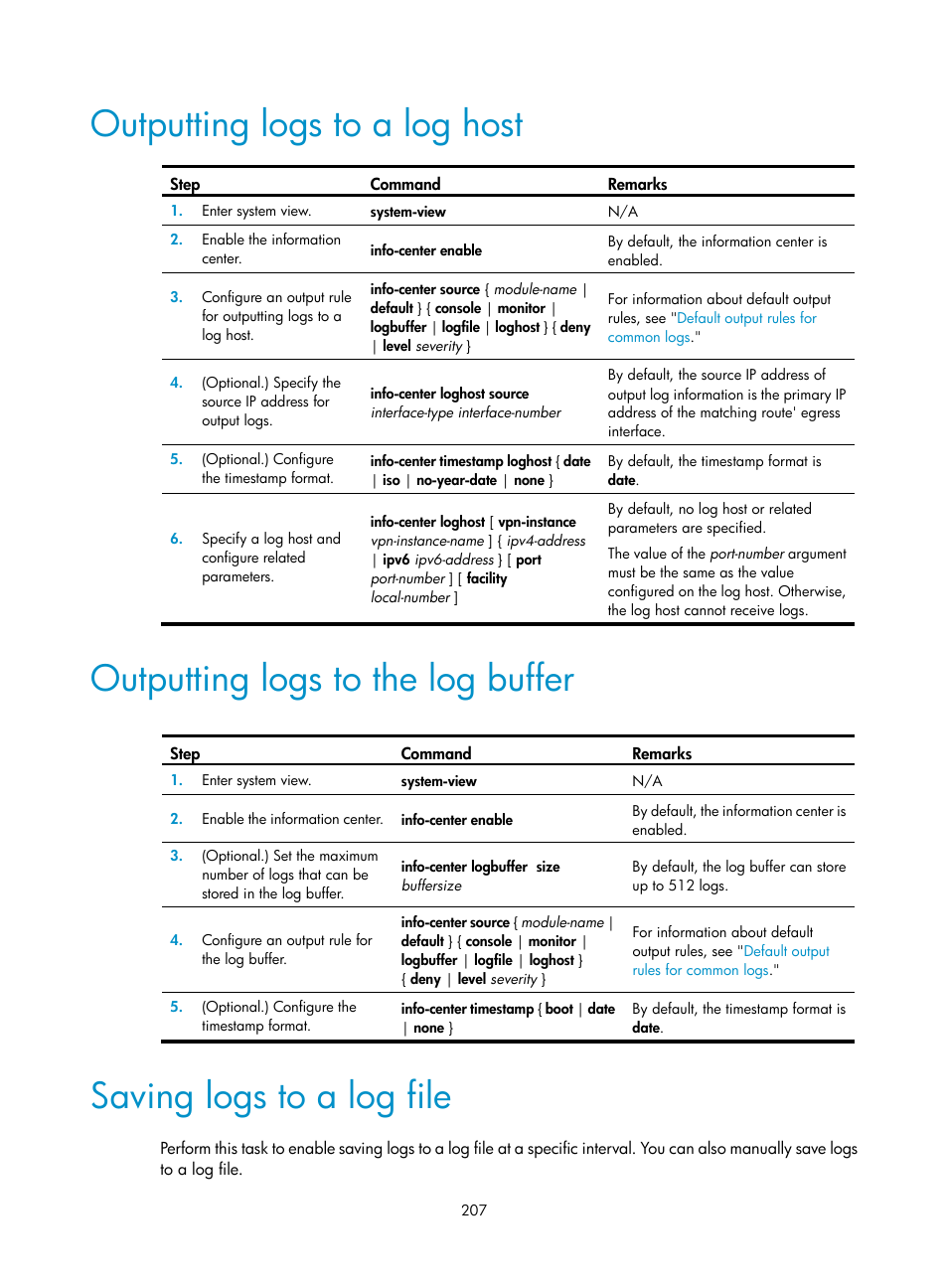 Outputting logs to a log host, Outputting logs to the log buffer, Saving logs to a log file | H3C Technologies H3C MSR 5600 User Manual | Page 220 / 247