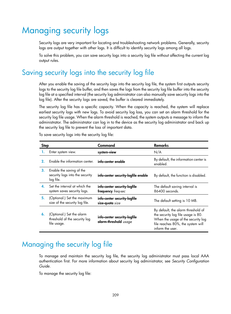 Managing security logs, Saving security logs into the security log file, Managing the security log file | H3C Technologies H3C MSR 5600 User Manual | Page 222 / 247