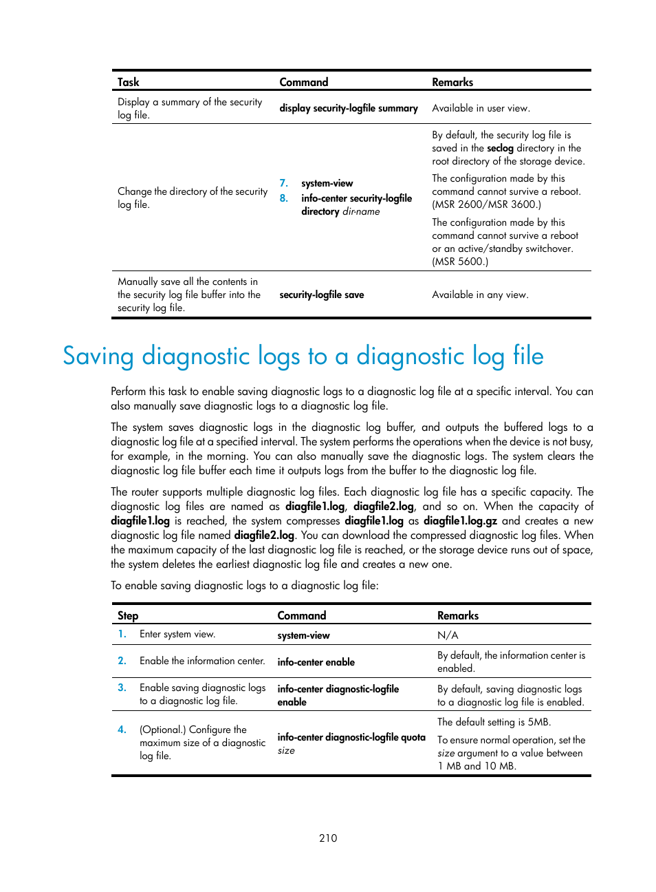 Saving diagnostic logs to a diagnostic log file | H3C Technologies H3C MSR 5600 User Manual | Page 223 / 247