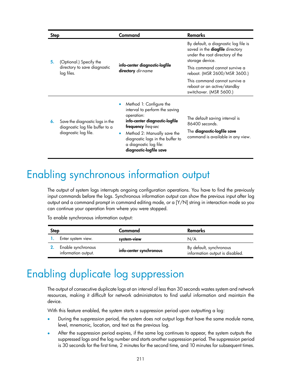 Enabling synchronous information output, Enabling duplicate log suppression | H3C Technologies H3C MSR 5600 User Manual | Page 224 / 247