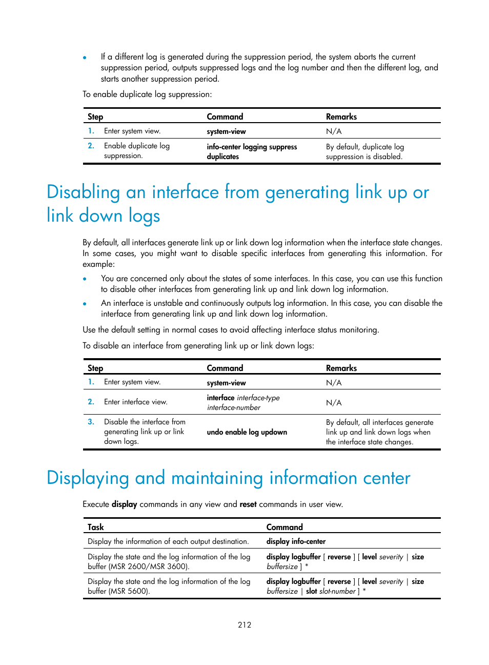 Displaying and maintaining information center | H3C Technologies H3C MSR 5600 User Manual | Page 225 / 247