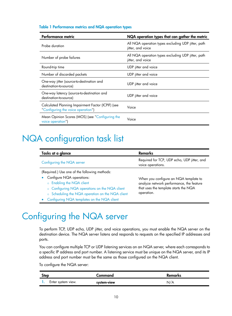 Nqa configuration task list, Configuring the nqa server | H3C Technologies H3C MSR 5600 User Manual | Page 23 / 247