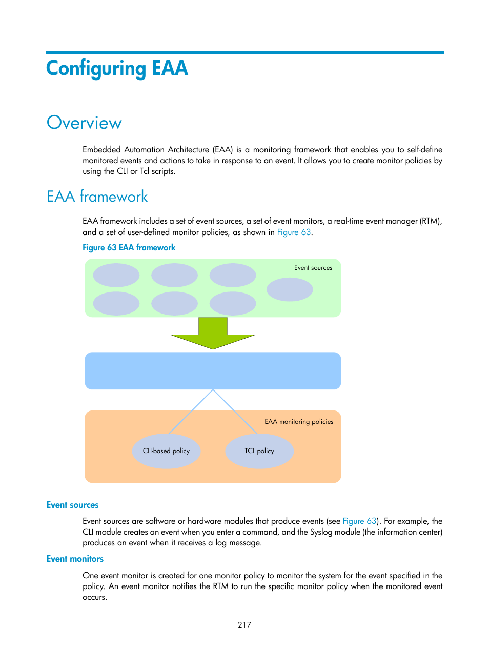 Configuring eaa, Overview, Eaa framework | Event sources, Event monitors | H3C Technologies H3C MSR 5600 User Manual | Page 230 / 247