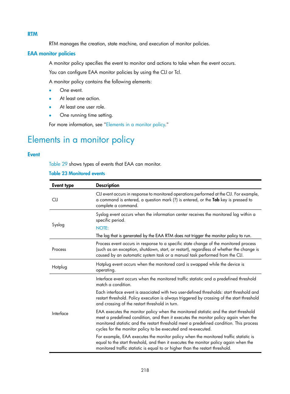 Eaa monitor policies, Elements in a monitor policy, Event | H3C Technologies H3C MSR 5600 User Manual | Page 231 / 247