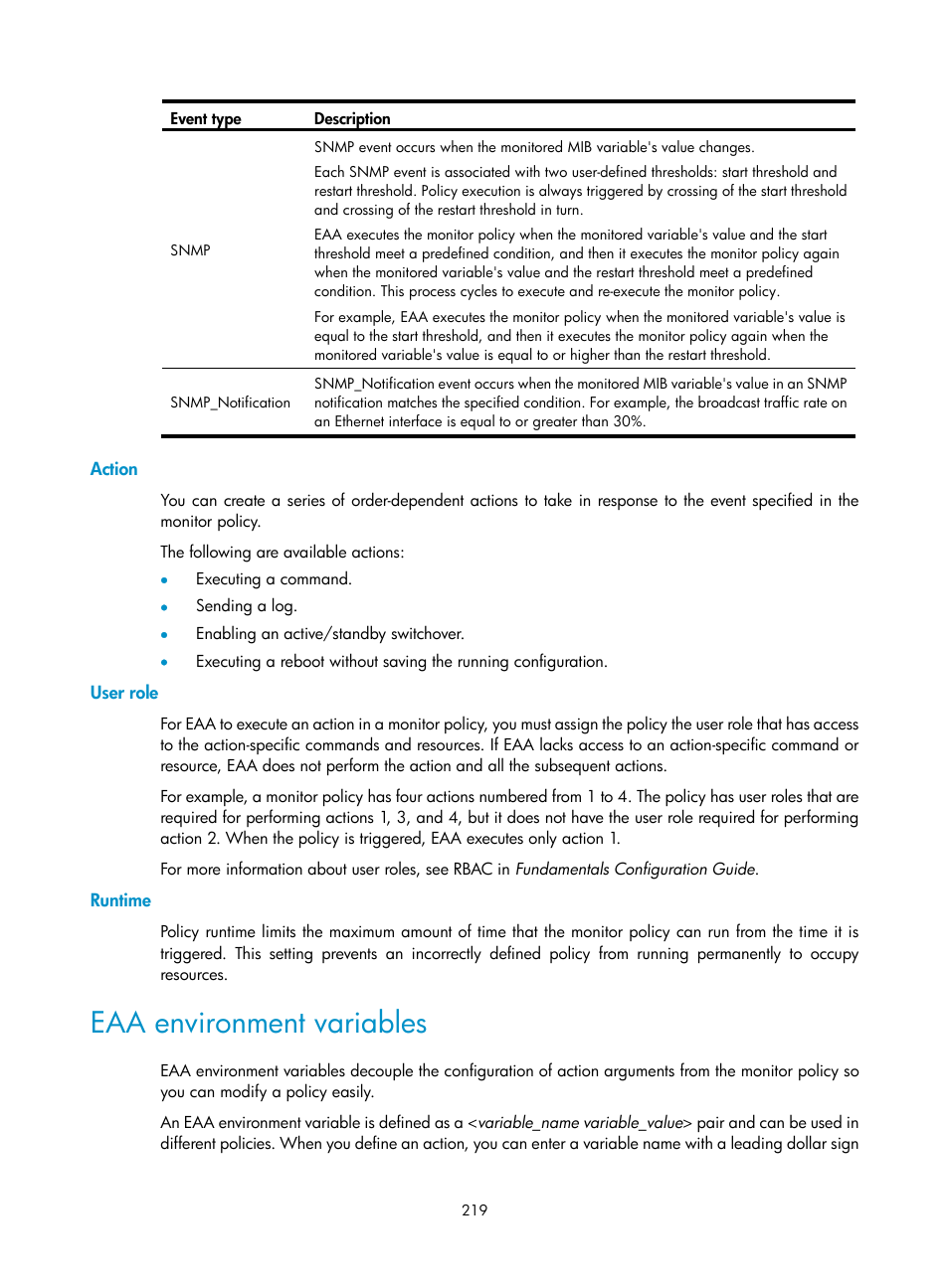 Action, User role, Runtime | Eaa environment variables | H3C Technologies H3C MSR 5600 User Manual | Page 232 / 247