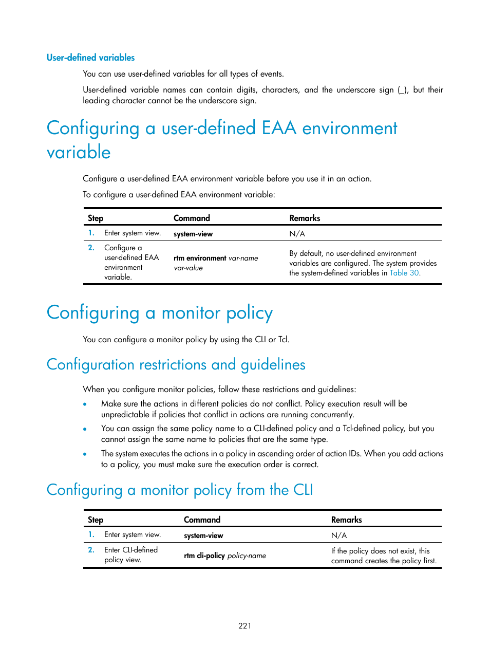 User-defined variables, Configuring a monitor policy, Configuration restrictions and guidelines | Configuring a monitor policy from the cli | H3C Technologies H3C MSR 5600 User Manual | Page 234 / 247