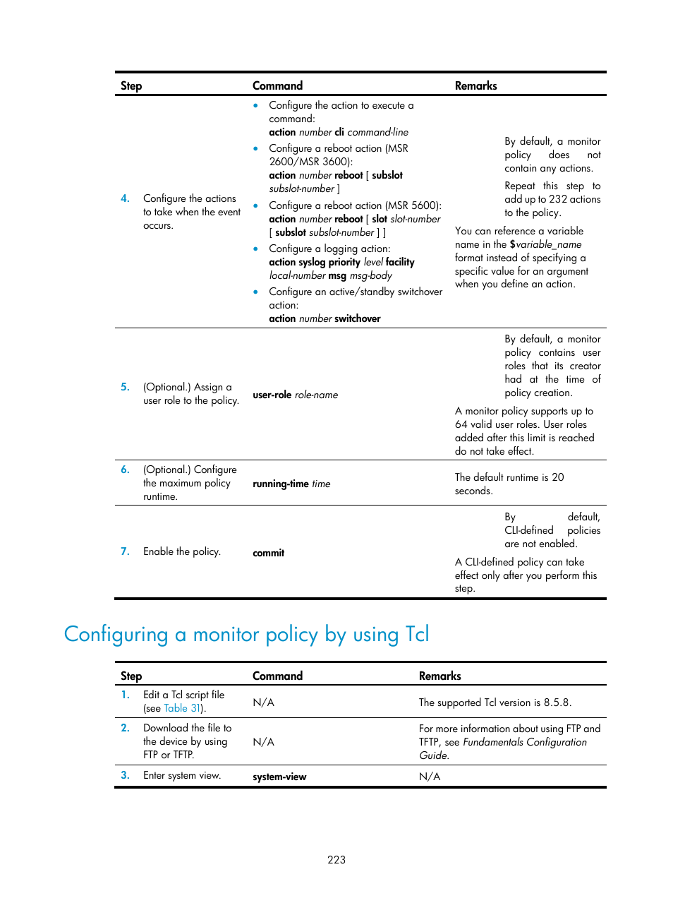 Configuring a monitor policy by using tcl | H3C Technologies H3C MSR 5600 User Manual | Page 236 / 247