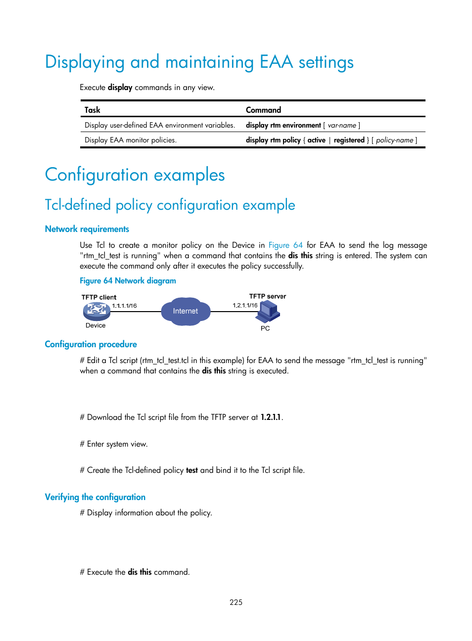 Displaying and maintaining eaa settings, Configuration examples, Tcl-defined policy configuration example | Network requirements, Configuration procedure, Verifying the configuration | H3C Technologies H3C MSR 5600 User Manual | Page 238 / 247