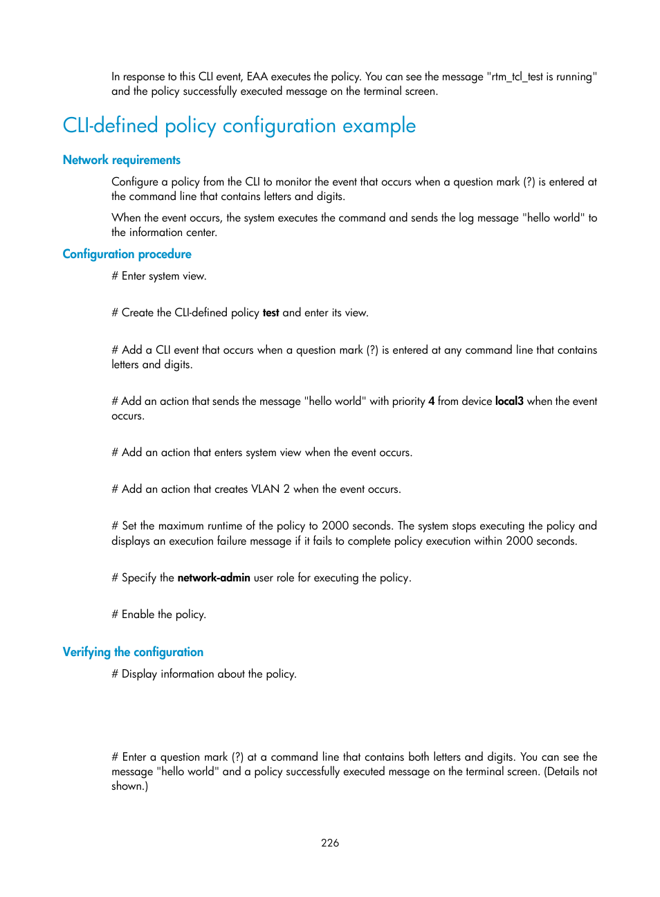 Cli-defined policy configuration example, Network requirements, Configuration procedure | Verifying the configuration | H3C Technologies H3C MSR 5600 User Manual | Page 239 / 247