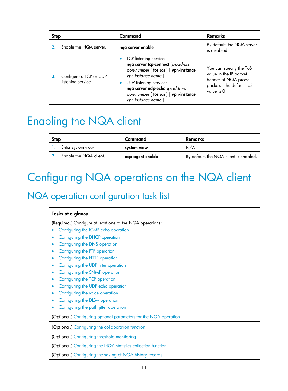 Enabling the nqa client, Configuring nqa operations on the nqa client, Nqa operation configuration task list | H3C Technologies H3C MSR 5600 User Manual | Page 24 / 247