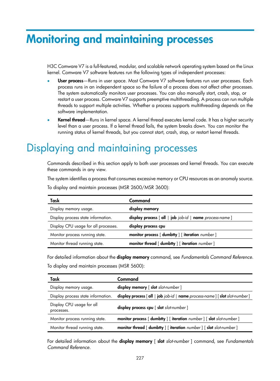 Monitoring and maintaining processes, Displaying and maintaining processes | H3C Technologies H3C MSR 5600 User Manual | Page 240 / 247