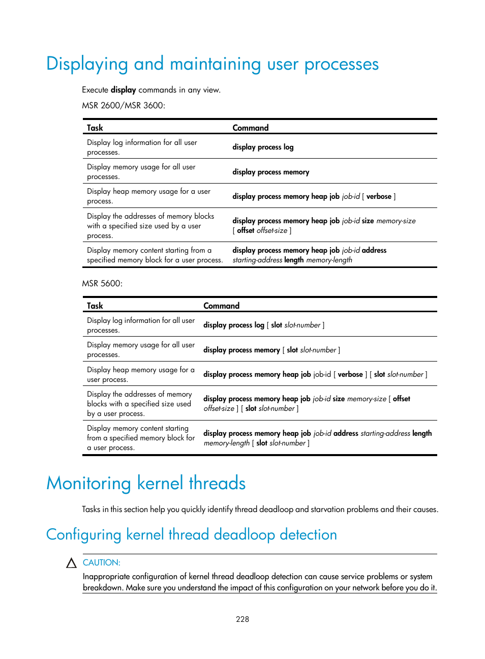 Displaying and maintaining user processes, Monitoring kernel threads, Configuring kernel thread deadloop detection | H3C Technologies H3C MSR 5600 User Manual | Page 241 / 247