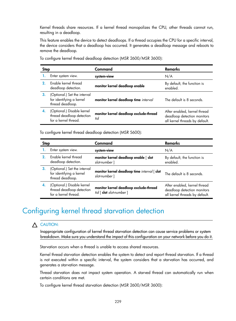 Configuring kernel thread starvation detection | H3C Technologies H3C MSR 5600 User Manual | Page 242 / 247