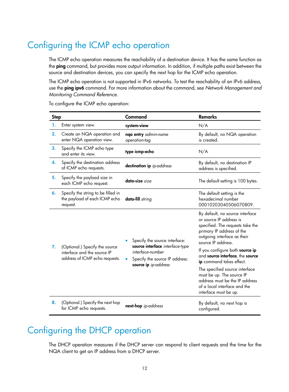 Configuring the icmp echo operation, Configuring the dhcp operation | H3C Technologies H3C MSR 5600 User Manual | Page 25 / 247