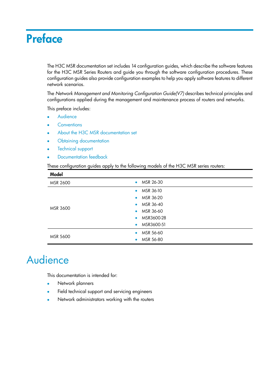 Preface, Audience | H3C Technologies H3C MSR 5600 User Manual | Page 3 / 247