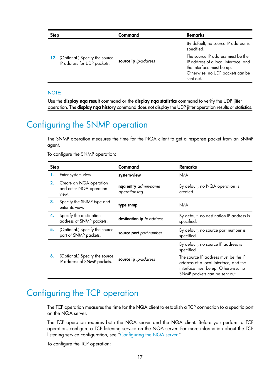 Configuring the snmp operation, Configuring the tcp operation | H3C Technologies H3C MSR 5600 User Manual | Page 30 / 247