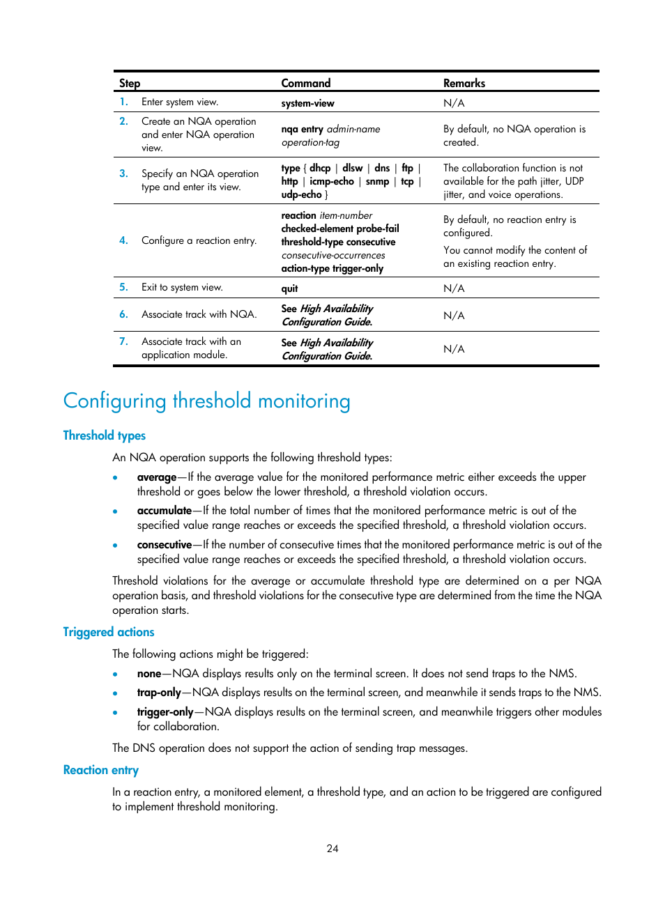 Configuring threshold monitoring, Threshold types, Triggered actions | Reaction entry | H3C Technologies H3C MSR 5600 User Manual | Page 37 / 247