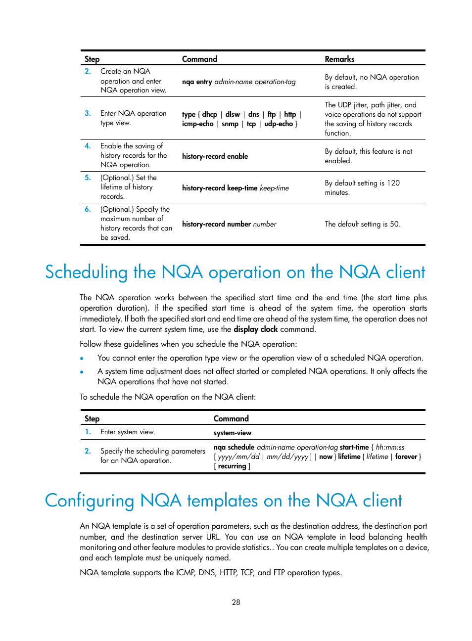 Scheduling the nqa operation on the nqa client, Configuring nqa templates on the nqa client | H3C Technologies H3C MSR 5600 User Manual | Page 41 / 247