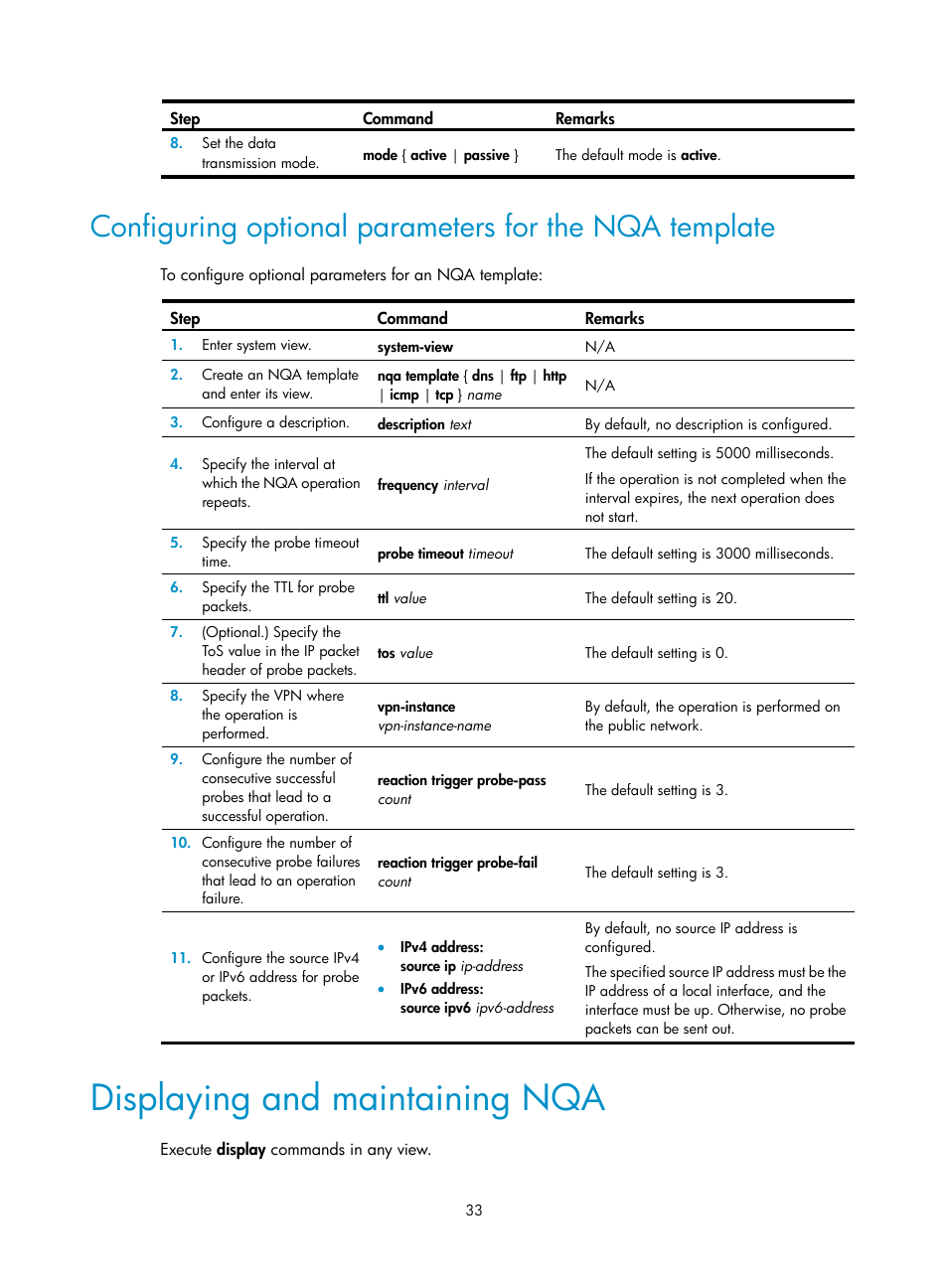 Displaying and maintaining nqa | H3C Technologies H3C MSR 5600 User Manual | Page 46 / 247