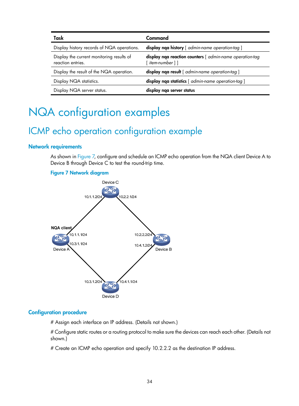 Nqa configuration examples, Icmp echo operation configuration example, Network requirements | Configuration procedure | H3C Technologies H3C MSR 5600 User Manual | Page 47 / 247