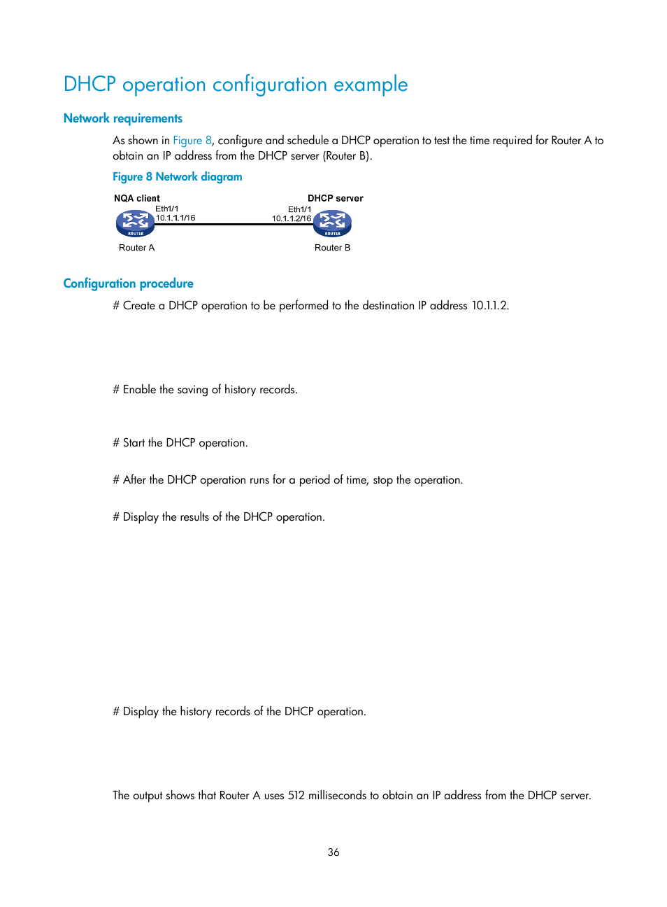 Dhcp operation configuration example, Network requirements, Configuration procedure | H3C Technologies H3C MSR 5600 User Manual | Page 49 / 247