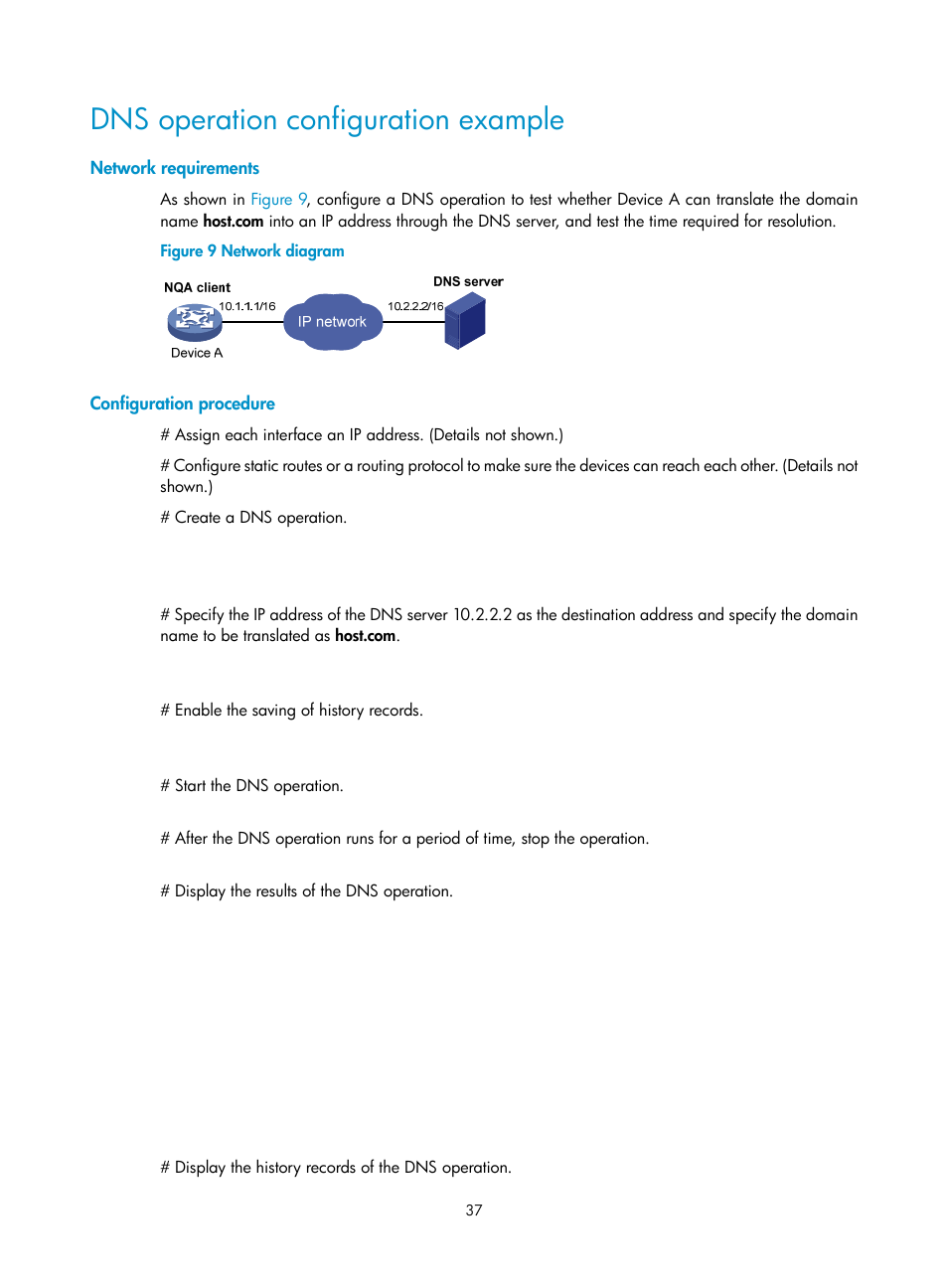 Dns operation configuration example, Network requirements, Configuration procedure | H3C Technologies H3C MSR 5600 User Manual | Page 50 / 247