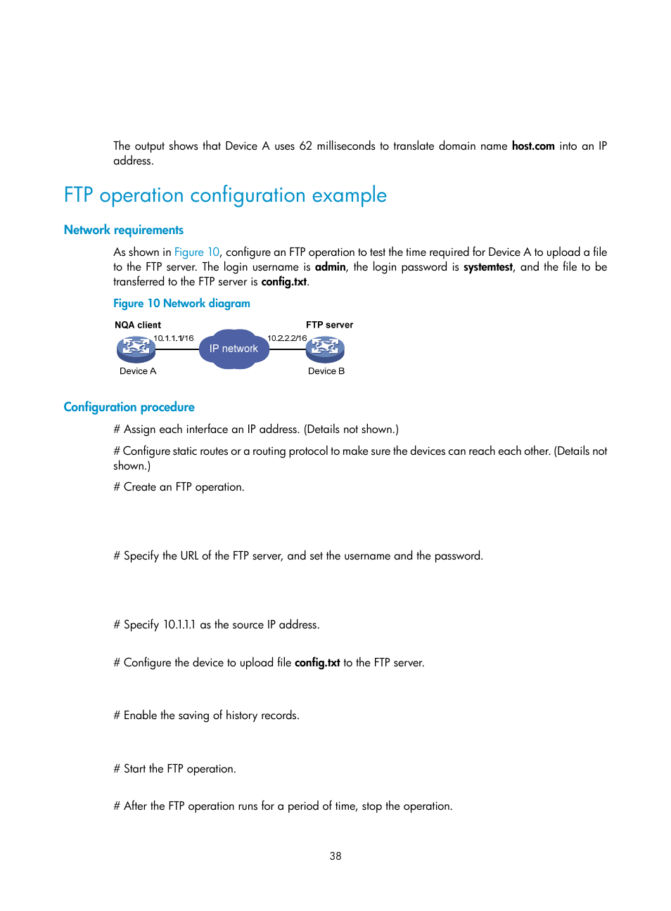 Ftp operation configuration example, Network requirements, Configuration procedure | H3C Technologies H3C MSR 5600 User Manual | Page 51 / 247