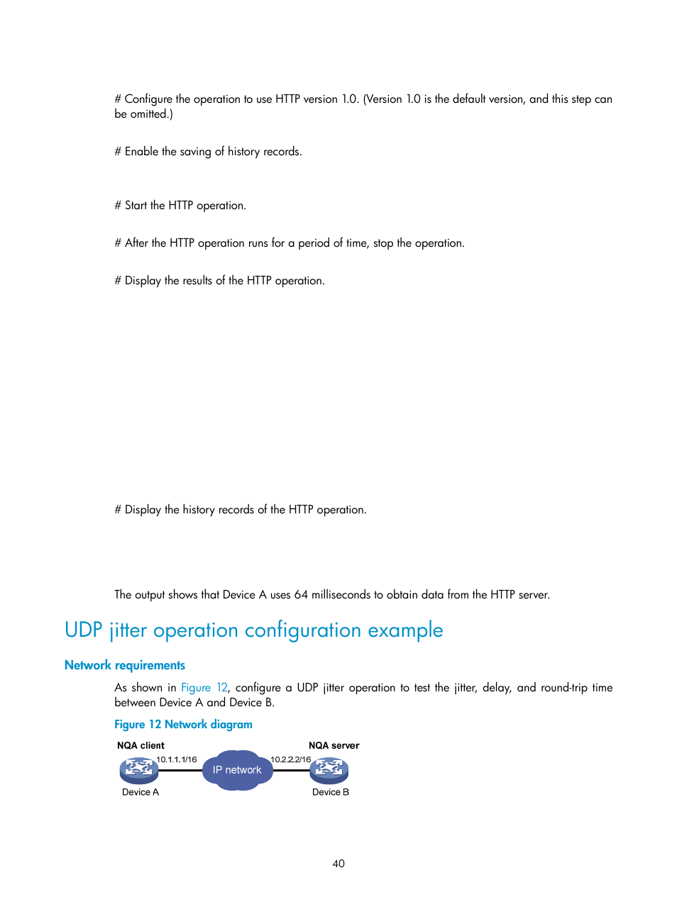 Udp jitter operation configuration example, Network requirements | H3C Technologies H3C MSR 5600 User Manual | Page 53 / 247