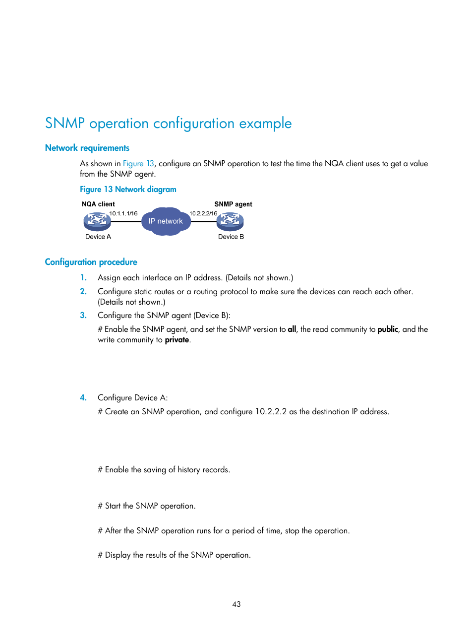 Snmp operation configuration example, Network requirements, Configuration procedure | H3C Technologies H3C MSR 5600 User Manual | Page 56 / 247