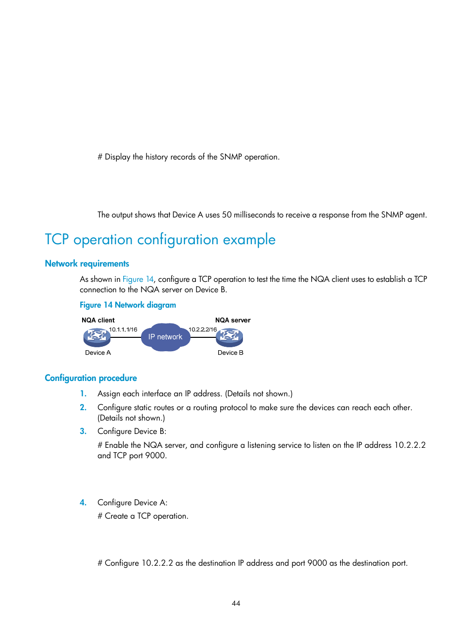 Tcp operation configuration example, Network requirements, Configuration procedure | H3C Technologies H3C MSR 5600 User Manual | Page 57 / 247