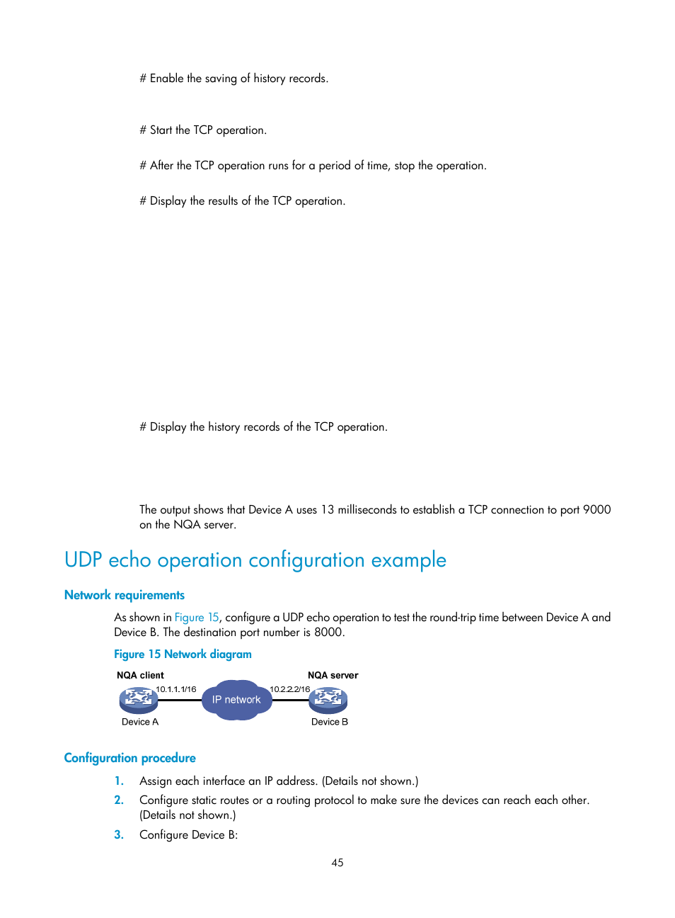 Udp echo operation configuration example, Network requirements, Configuration procedure | H3C Technologies H3C MSR 5600 User Manual | Page 58 / 247