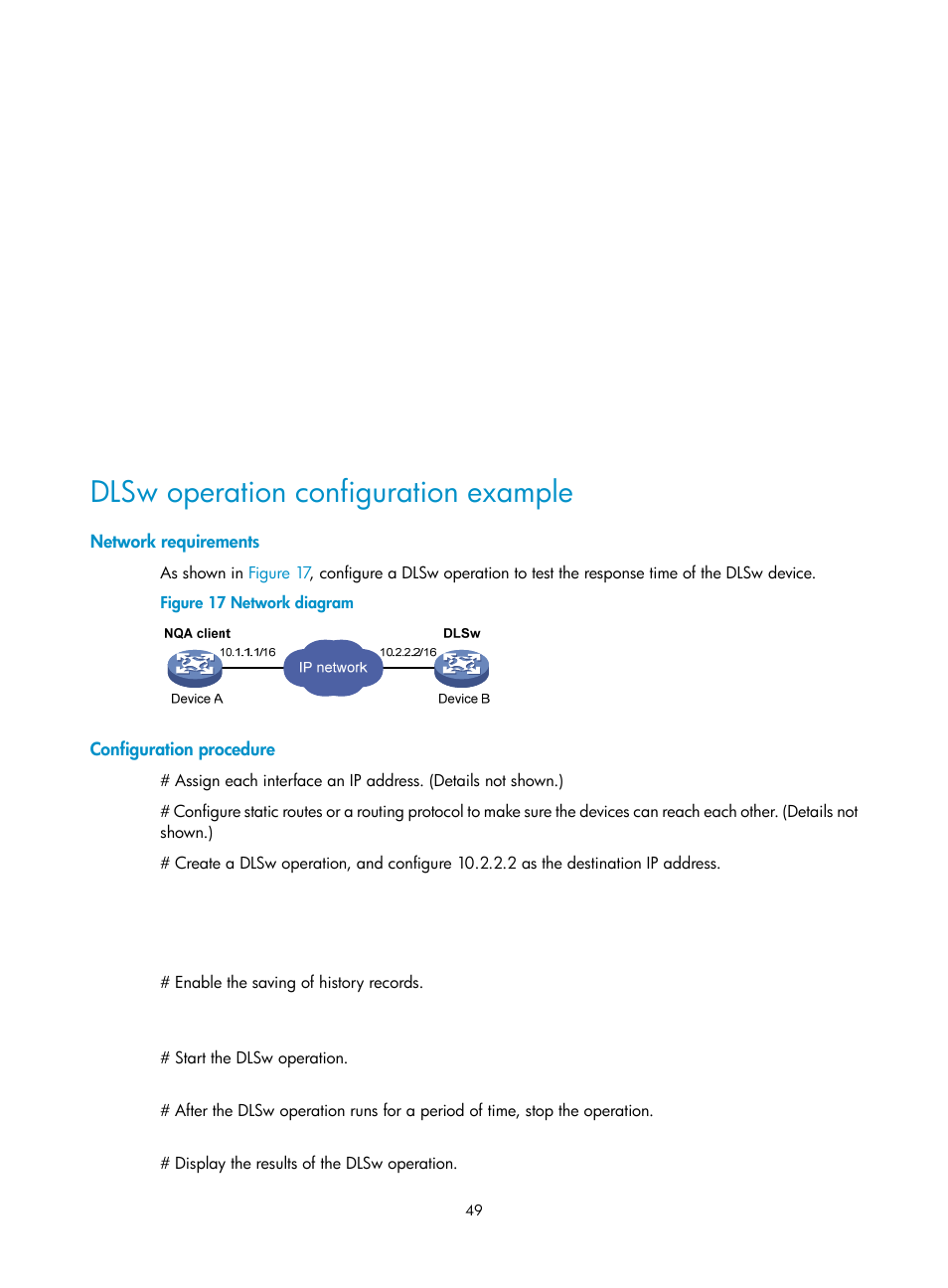 Dlsw operation configuration example, Network requirements, Configuration procedure | H3C Technologies H3C MSR 5600 User Manual | Page 62 / 247