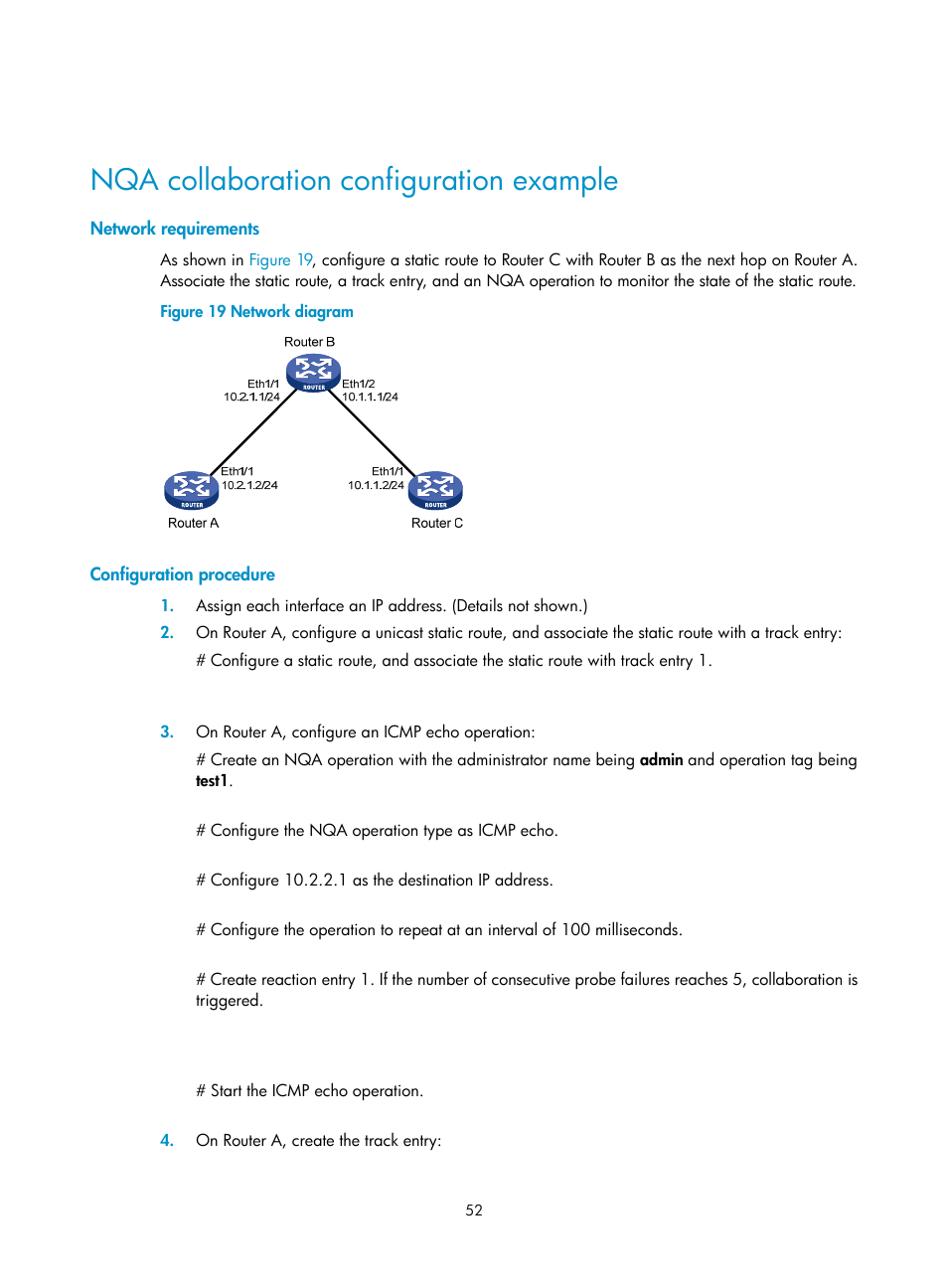 Nqa collaboration configuration example, Network requirements, Configuration procedure | H3C Technologies H3C MSR 5600 User Manual | Page 65 / 247