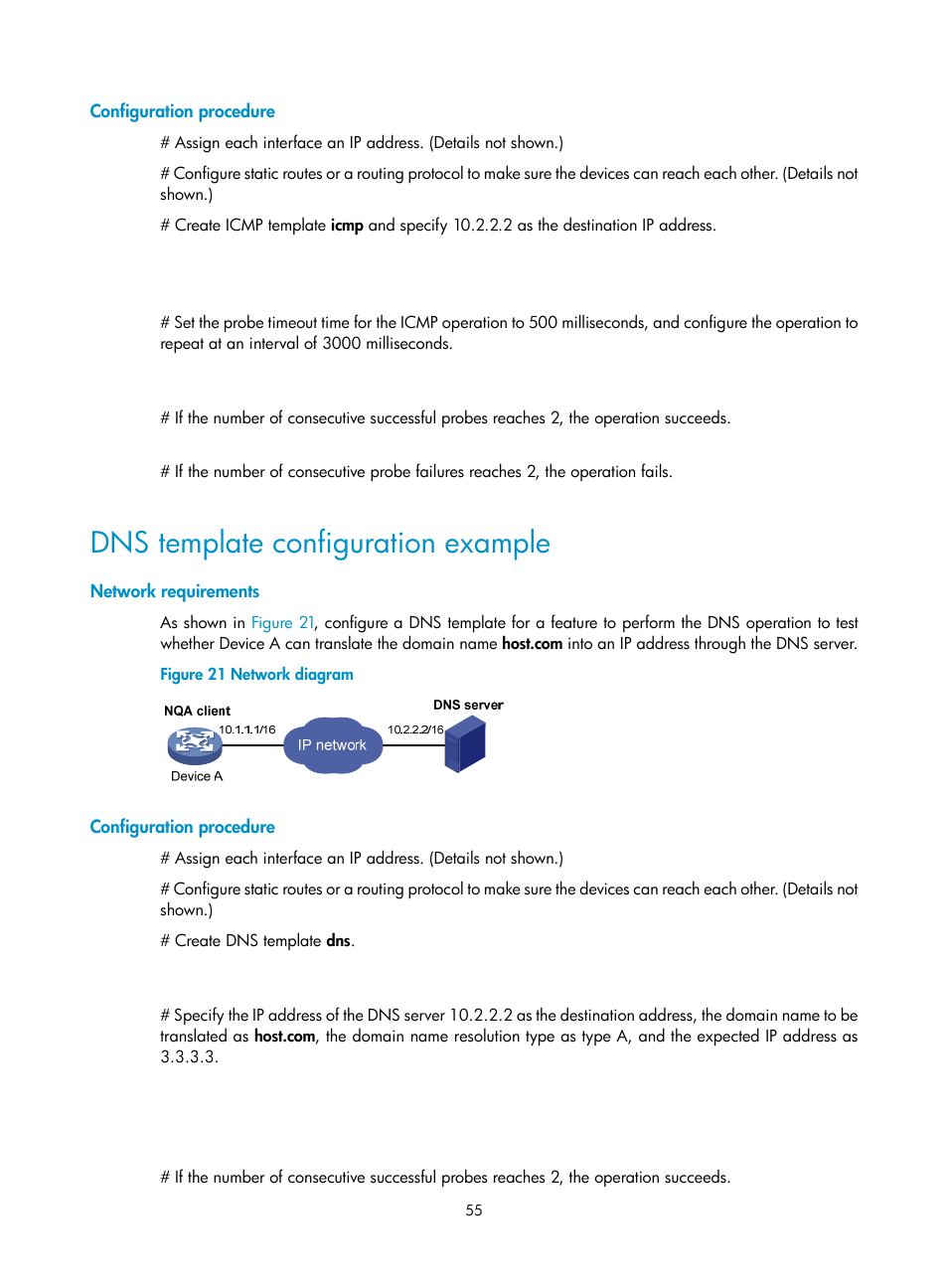 Configuration procedure, Dns template configuration example, Network requirements | H3C Technologies H3C MSR 5600 User Manual | Page 68 / 247