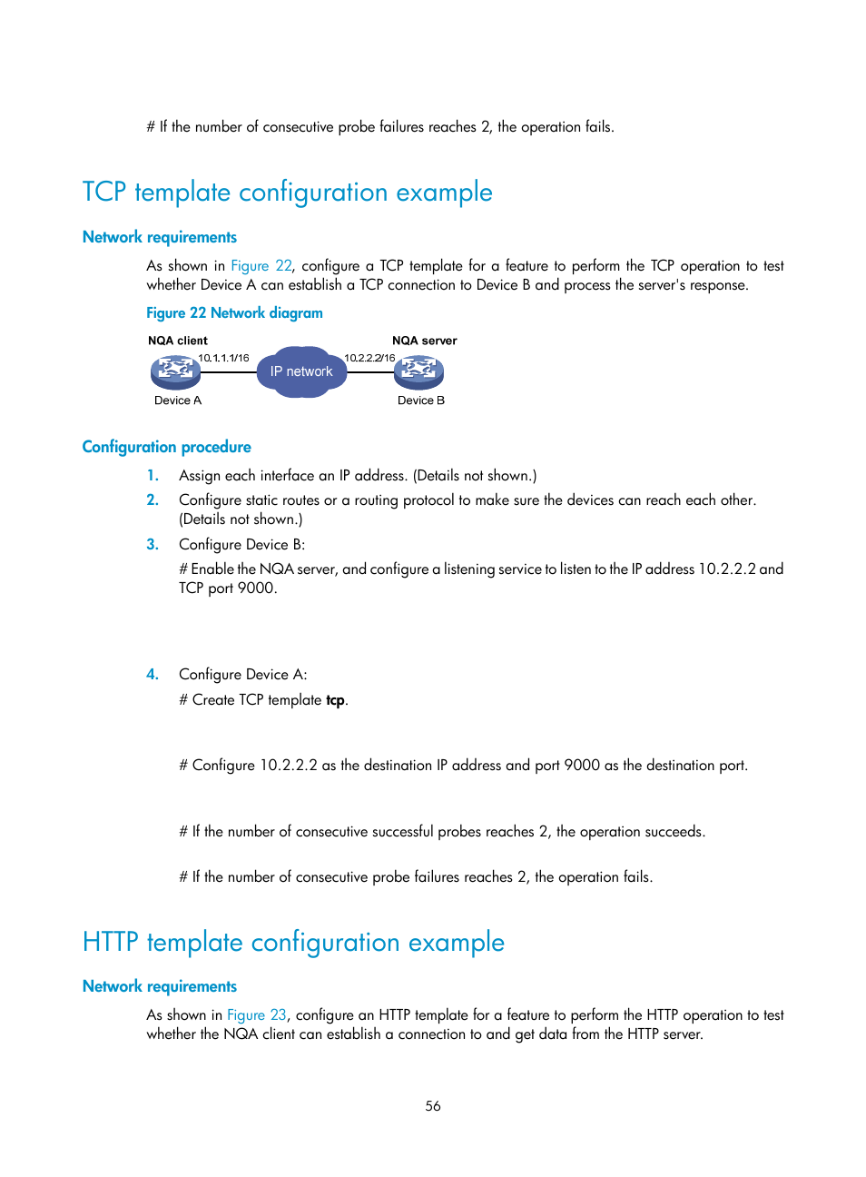 Tcp template configuration example, Network requirements, Configuration procedure | Http template configuration example | H3C Technologies H3C MSR 5600 User Manual | Page 69 / 247