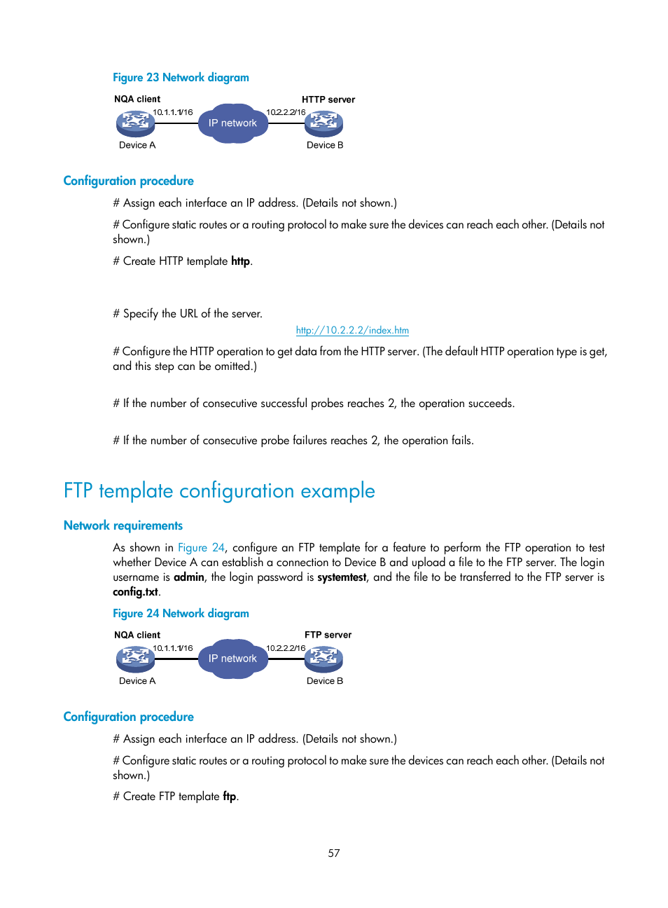 Configuration procedure, Ftp template configuration example, Network requirements | H3C Technologies H3C MSR 5600 User Manual | Page 70 / 247