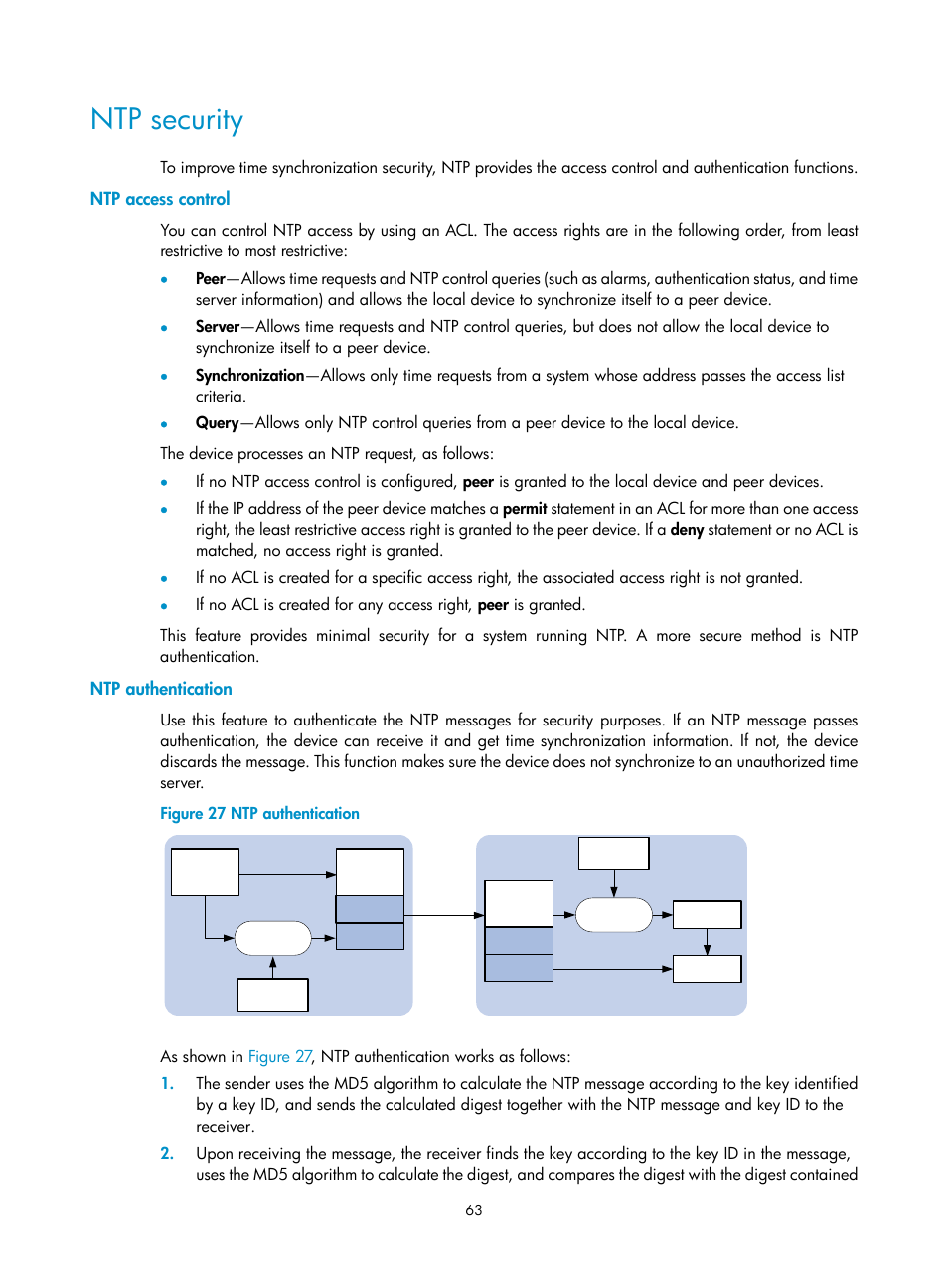 Ntp security, Ntp access control, Ntp authentication | H3C Technologies H3C MSR 5600 User Manual | Page 76 / 247