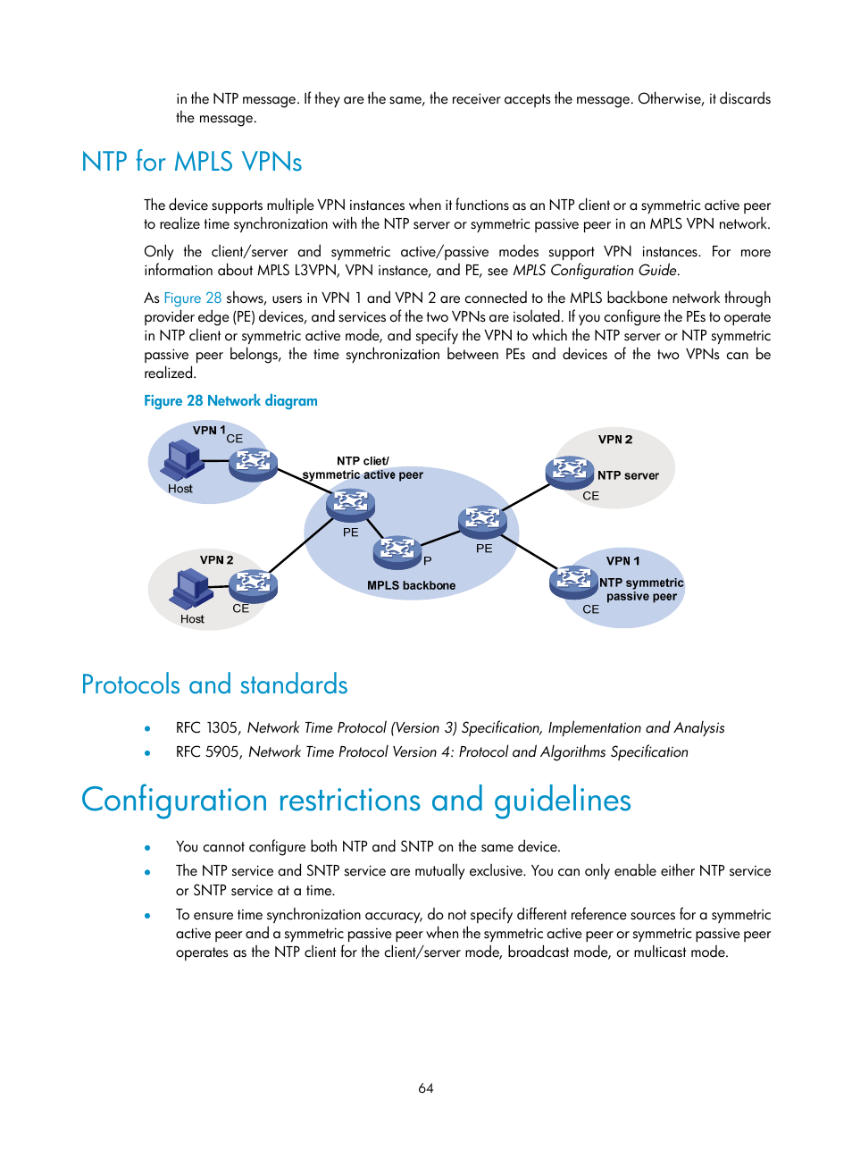 Ntp for mpls vpns, Protocols and standards, Configuration restrictions and guidelines | H3C Technologies H3C MSR 5600 User Manual | Page 77 / 247