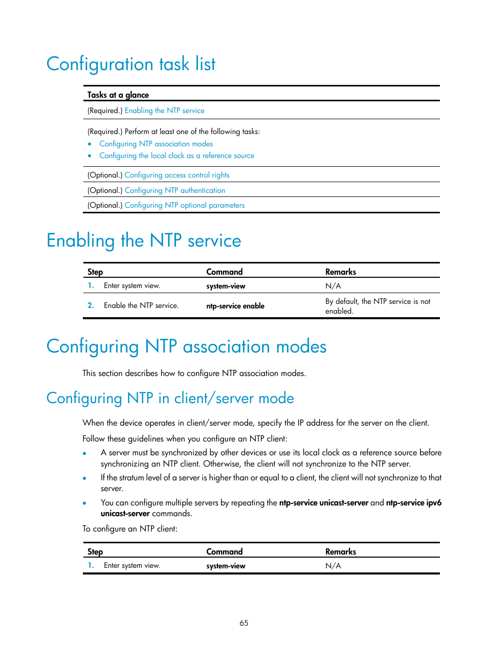 Configuration task list, Enabling the ntp service, Configuring ntp association modes | Configuring ntp in client/server mode | H3C Technologies H3C MSR 5600 User Manual | Page 78 / 247