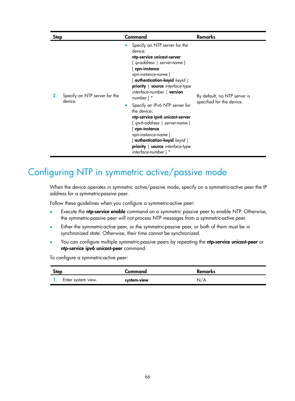 Configuring ntp in symmetric active/passive mode | H3C Technologies H3C MSR 5600 User Manual | Page 79 / 247