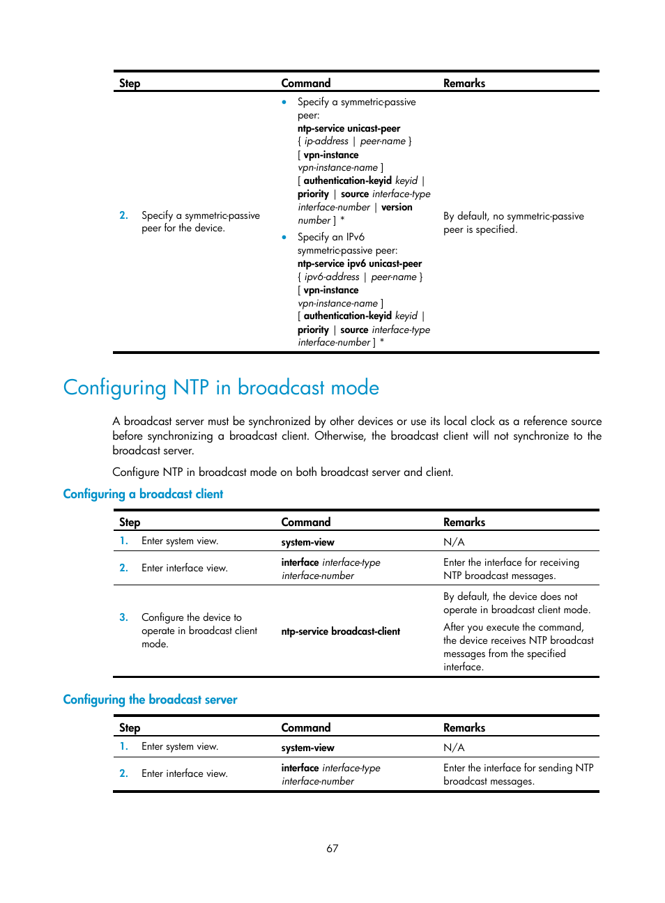 Configuring ntp in broadcast mode, Configuring a broadcast client, Configuring the broadcast server | H3C Technologies H3C MSR 5600 User Manual | Page 80 / 247