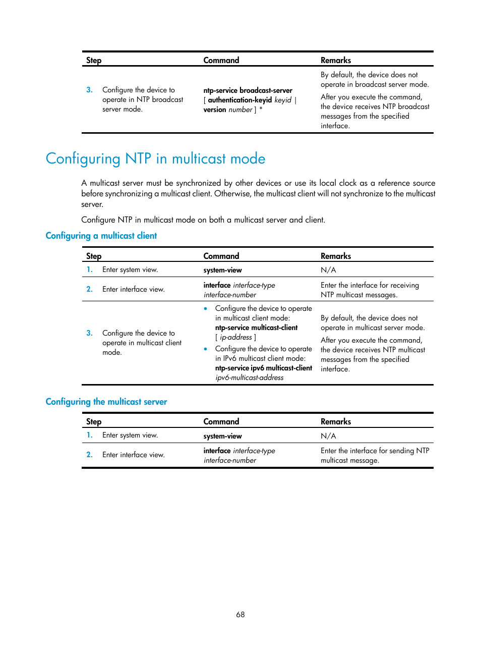 Configuring ntp in multicast mode, Configuring a multicast client, Configuring the multicast server | H3C Technologies H3C MSR 5600 User Manual | Page 81 / 247