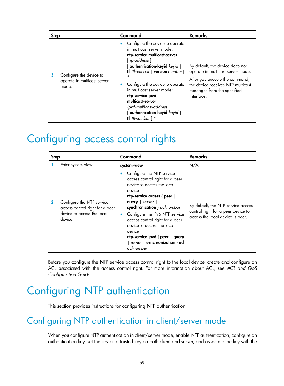 Configuring access control rights, Configuring ntp authentication | H3C Technologies H3C MSR 5600 User Manual | Page 82 / 247