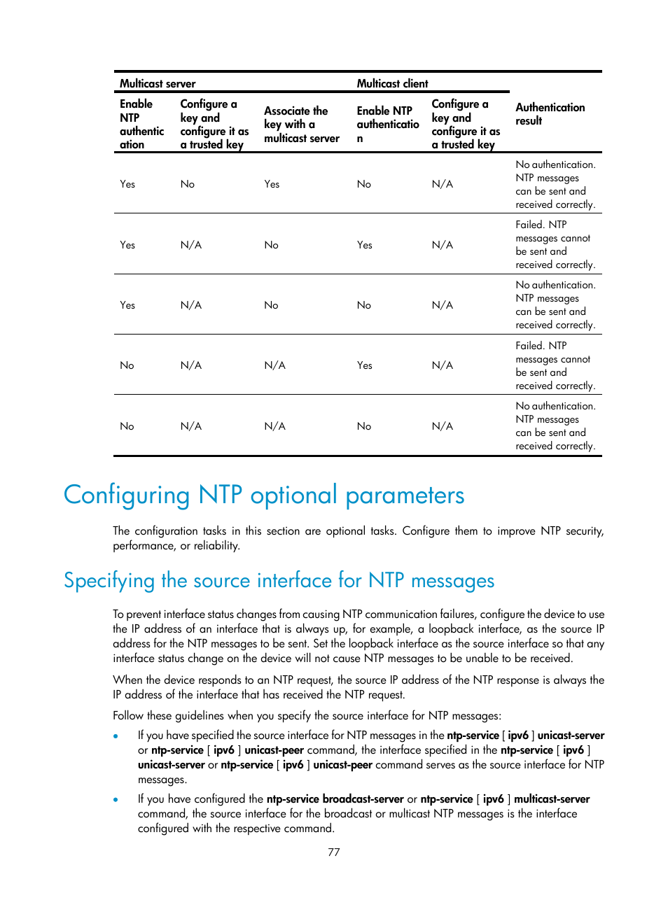 Configuring ntp optional parameters, Specifying the source interface for ntp messages | H3C Technologies H3C MSR 5600 User Manual | Page 90 / 247