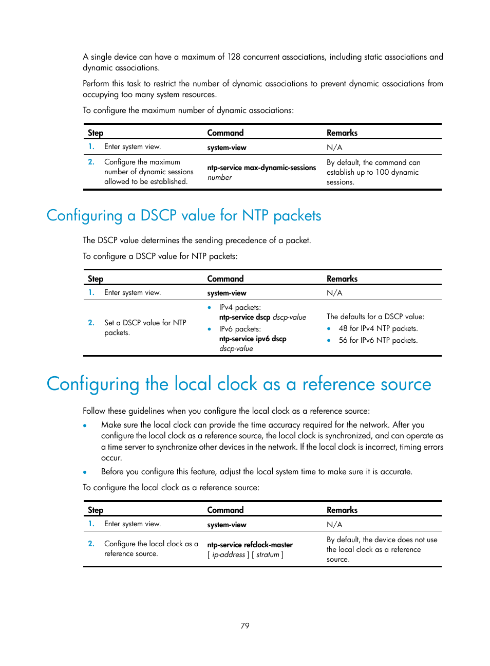 Configuring a dscp value for ntp packets, Configuring the local clock as a reference source | H3C Technologies H3C MSR 5600 User Manual | Page 92 / 247