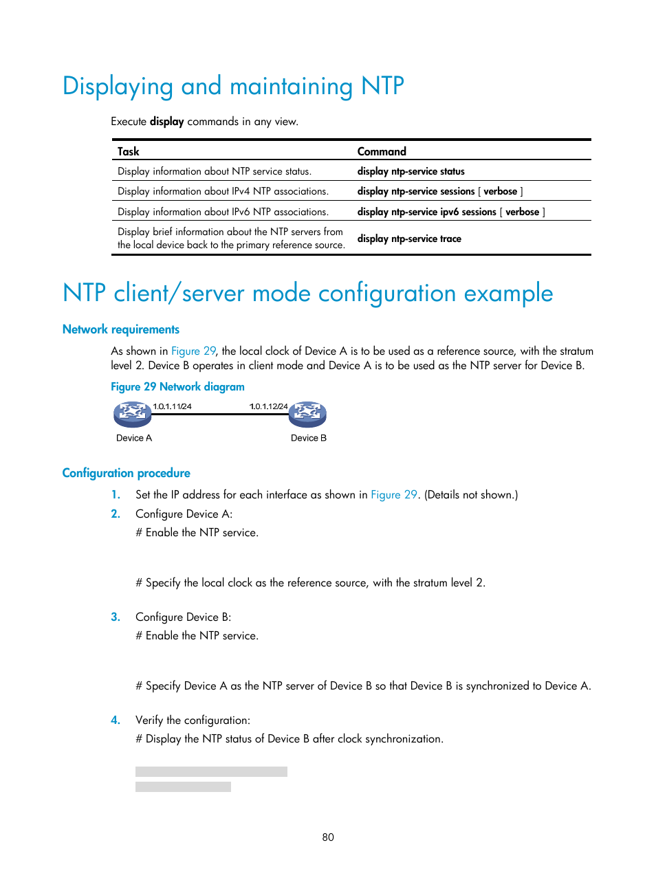 Displaying and maintaining ntp, Ntp client/server mode configuration example, Network requirements | Configuration procedure | H3C Technologies H3C MSR 5600 User Manual | Page 93 / 247