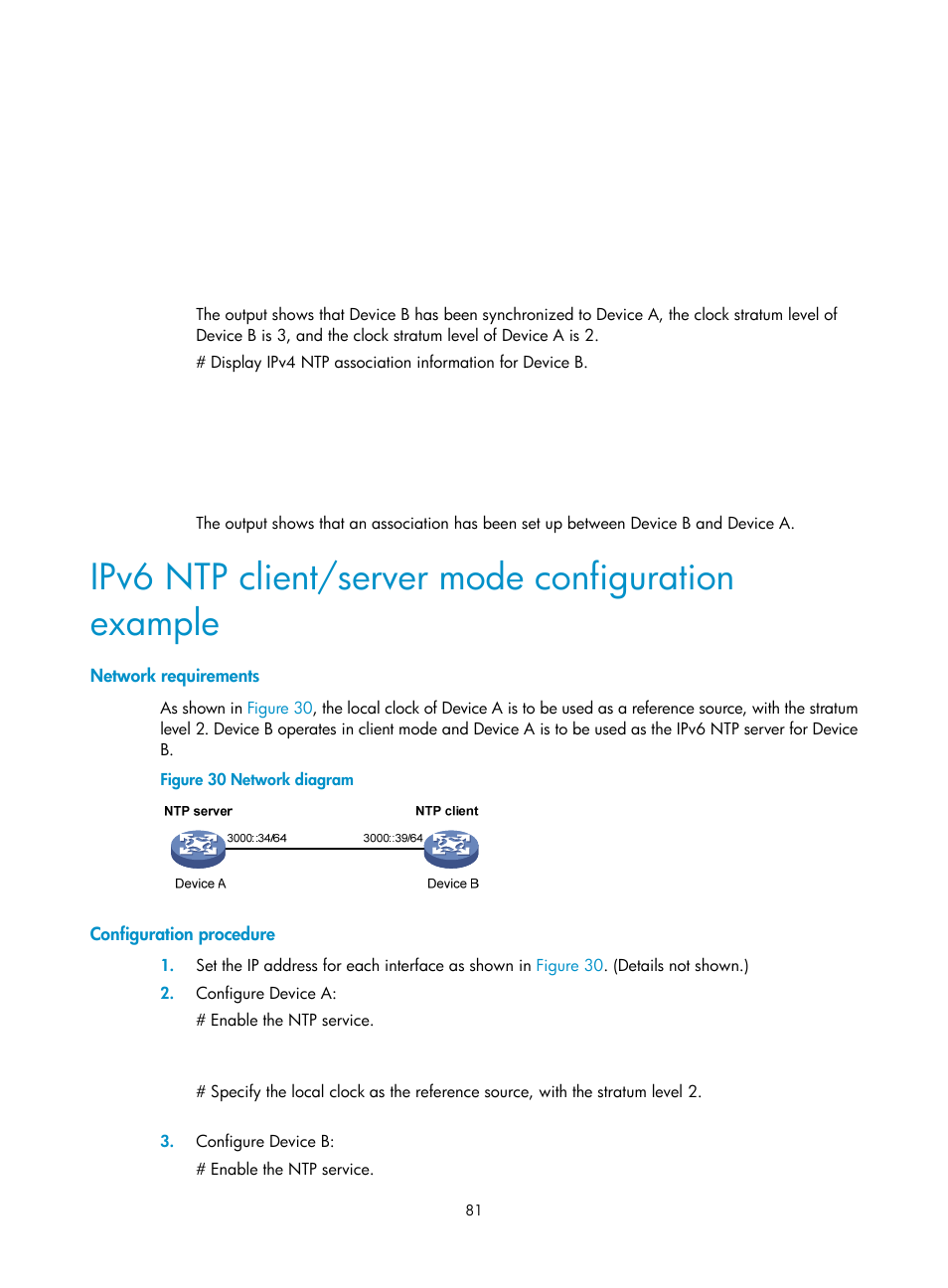 Ipv6 ntp client/server mode configuration example, Network requirements, Configuration procedure | H3C Technologies H3C MSR 5600 User Manual | Page 94 / 247