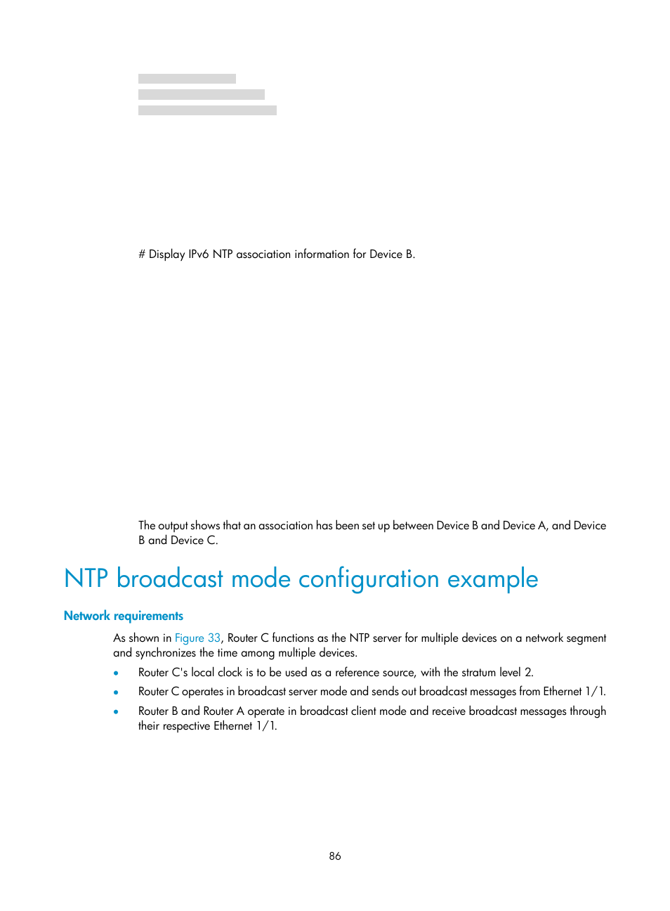 Ntp broadcast mode configuration example, Network requirements | H3C Technologies H3C MSR 5600 User Manual | Page 99 / 247