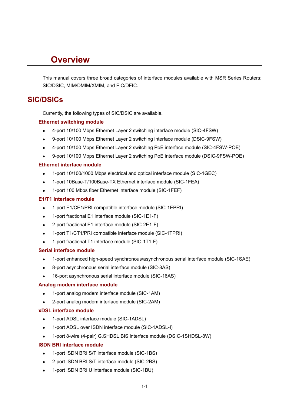 1 overview, Sic/dsics, Ethernet switching module | Ethernet interface module, E1/t1 interface module, Serial interface module, Analog modem interface module, Xdsl interface module, Isdn bri interface module, Overview | H3C Technologies H3C MSR 50 User Manual | Page 10 / 308