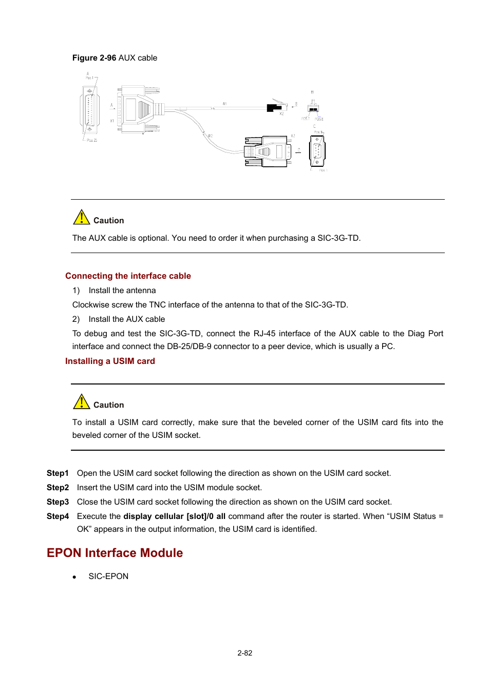 Connecting the interface cable, Installing a usim card, Epon interface module | H3C Technologies H3C MSR 50 User Manual | Page 102 / 308